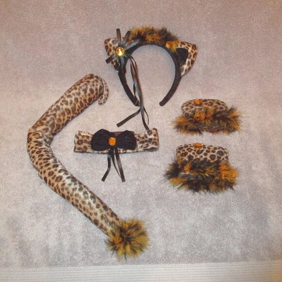 5 Piece Plush Leopard Kitty Cat Costume Headband Cuffs Tail Choker Cosplay - Picture 1 of 6